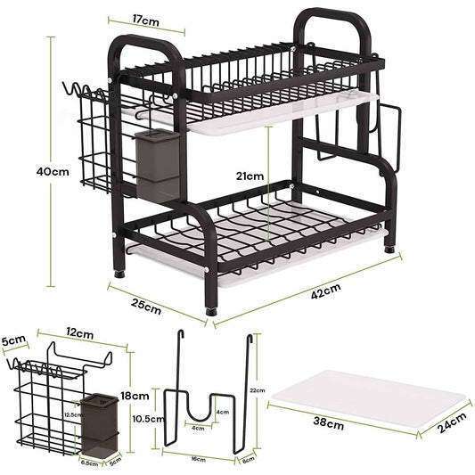 Dish Rack 2 Tier Dish Dryer Drainer Stainless Steel Dish Drying Rack Drip Trays Side Holder Kitchen Storage V324-KITRACK2L-39CM