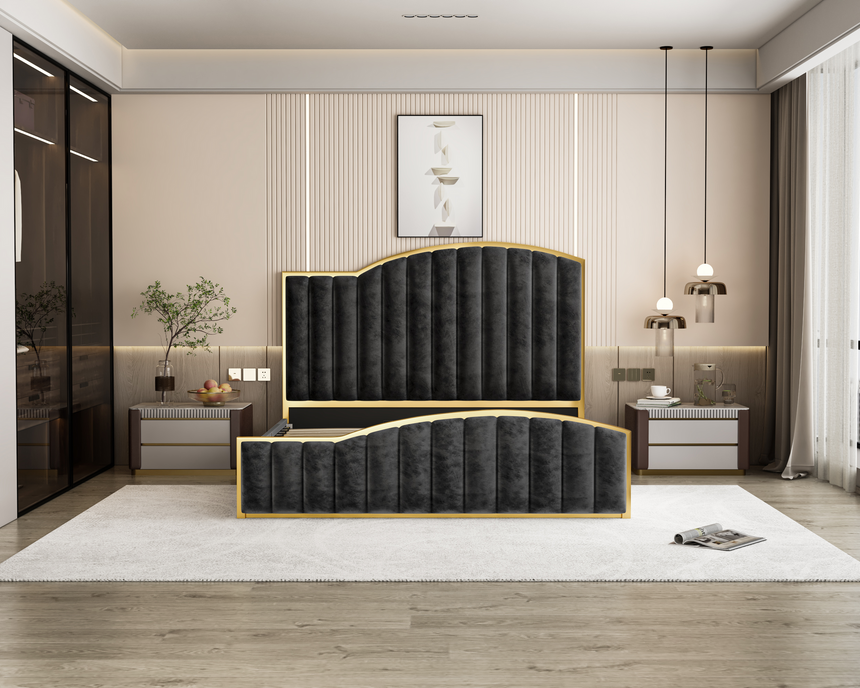 Elegant King Bedframe Charcoal Velvet Fabric with Gas Lift Storage and Golden Trim V357-STARSHINE-KING-CHARCOAL-ABC