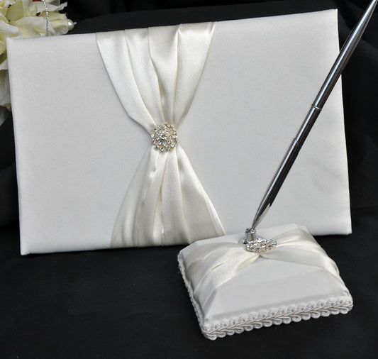 White Wedding Guest Book Register with Silver Pen Matching Stand Set 36 Lined Pages - Ivory Sach Ribbon Cover V382-IVRYSACHGBPEN