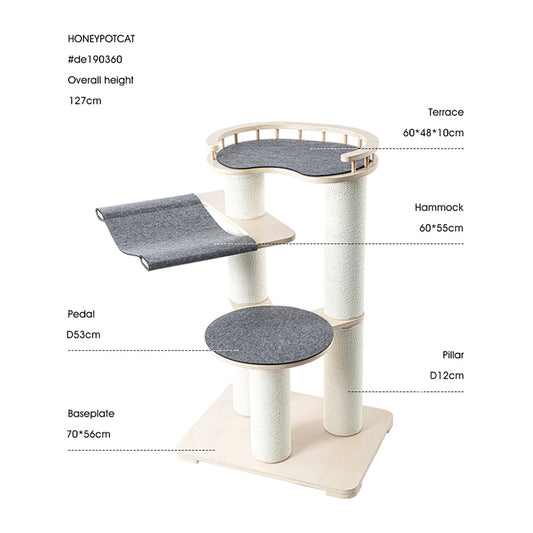 HONEYPOTCAT Leisure Loft With Hammock & Scratch Post - Gray Felt - 127cm V390-DE190360