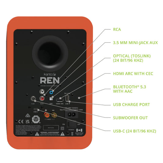 Kanto REN 200W Powered Bookshelf Speakers with HDMI ARC, USB-C, and Bluetooth 5.3 - Matte Orange, Pair V398-KO-RENMO-I