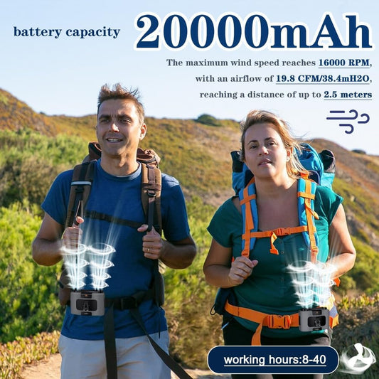 20000mAh Outdoor Portable Waist Fan Hanging Neck Fan Strong Wind with Power Bank LED Lighting for Sports V413-20K-FAN-GREY