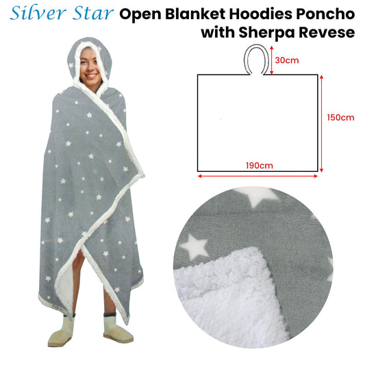 Adult Men Women Open Blanket Hoodie Poncho with Sherpa Fleece Reverse Silver Star V442-ABR-BLANKET-OPENHOODIESTAR-SILVER-SH