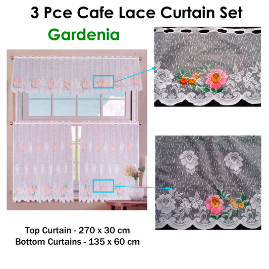 3 Pce Cafe Gardenia Lace Curtain Set V442-ABR-CURTAIN-3PCEGARDENIA-WHITE-RE