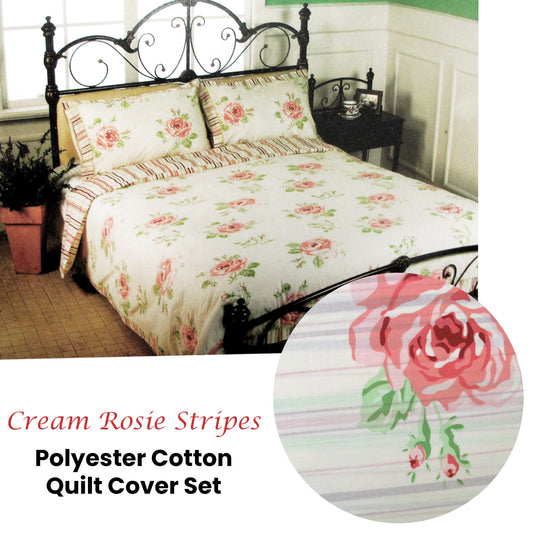 Cream Rosie Stripes Polyester Cotton Quilt Cover Set Queen V442-ABR-QUILTCS-ROSIESTRIPES-CREAM-QS