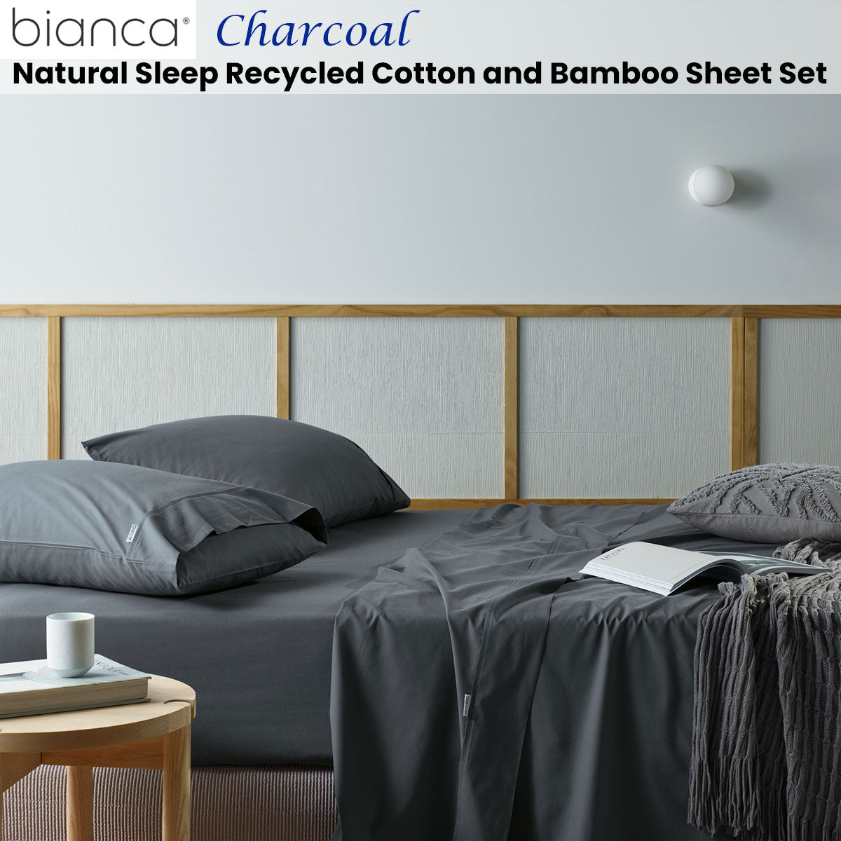 Bianca Natural Sleep Recycled Cotton and Bamboo Sheet Set Charcoal Split King V442-BCA-SHEETS-RECYCLEDCB-CHARCOAL-SPK