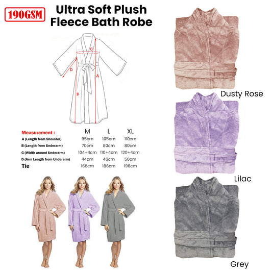 190GSM Ultra Soft Plush Fleece Bath Robe Dusty Rose M V442-BZO-BATHROBE-PLUSH-DUSTYROSE-M
