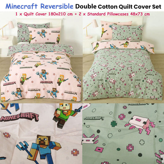 MOJANG Minecraft Reversible Cotton Boys Girls Quilt Cover Set Double V442-CAP-QUILTCS-MINECRAFT-PINKGREY-DS