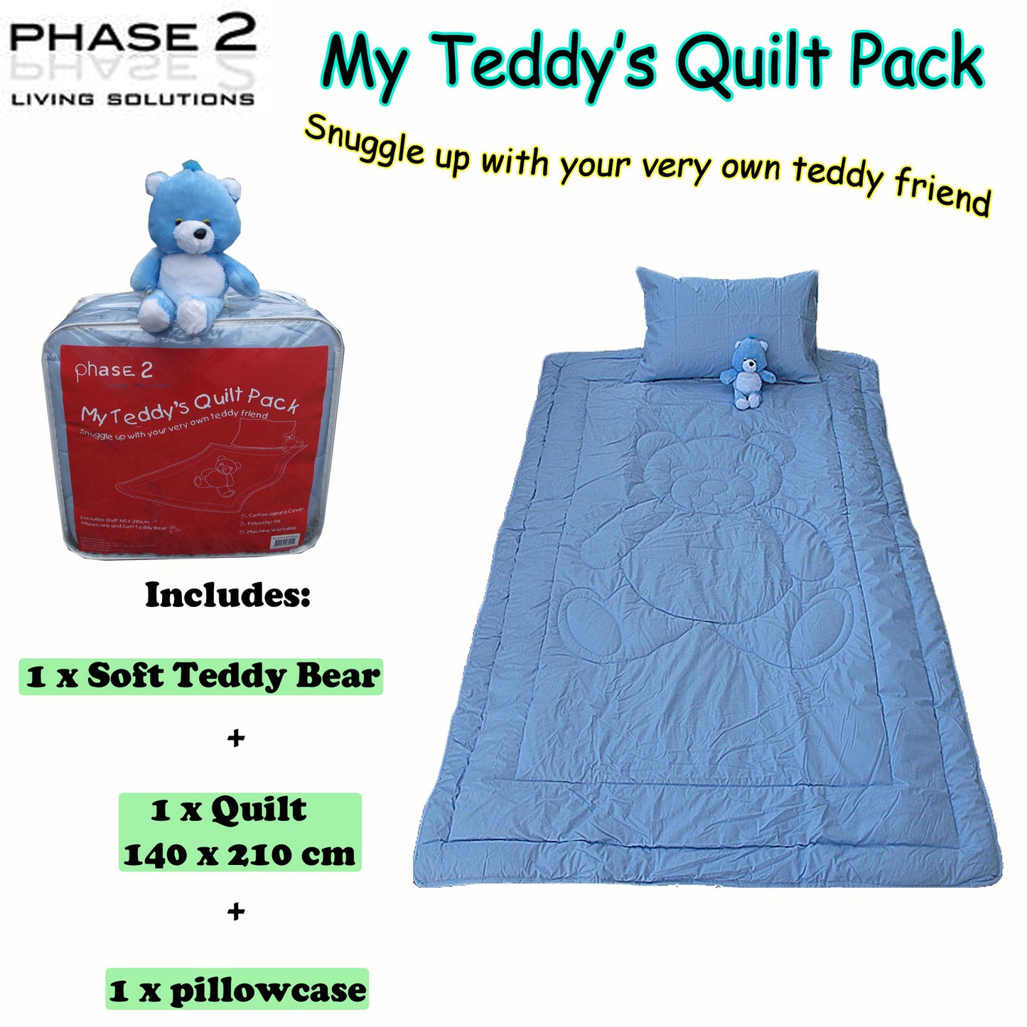 Phase 2 My Teddy's Quilt / Comforter Set with Toy Blue Single V442-END-QUILT-MYTEDDY-BLUE-SB