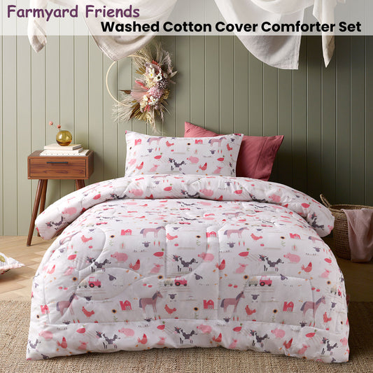Happy Kids Farmyard Friends 2 Piece Washed Cotton Cover Comforter Set Single 160cm x 220cm V442-HIN-COMFORTER-FARMYARDFRIENDS-PINK-SB