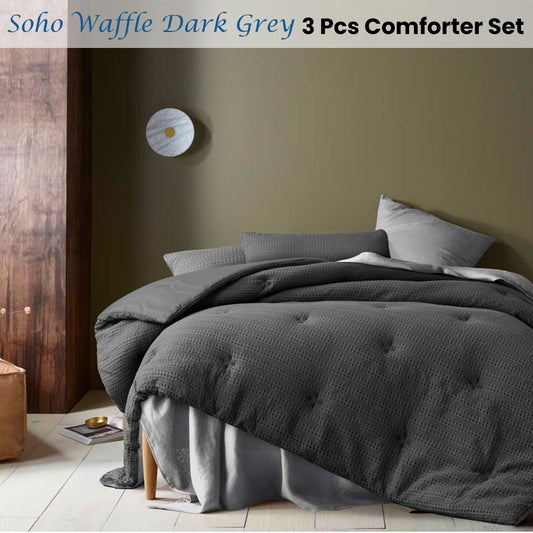Accessorize Soho Waffle Dark Grey 3 Piece Comforter Set Queen V442-HIN-COMFORTER-SOHOWAFFLE-DARKGREY-QS