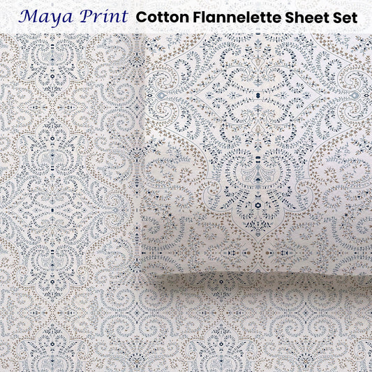 Accessorize Cotton Flannelette Sheet Set 40cm Wall Maya Print Queen V442-HIN-SHEETS-FLANNELMAYA-NATURAL-QS