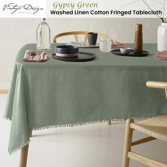 Vintage Design Homewares Gypsy Green Fringed Washed Linen Cotton Tablecloth 130cm x 180cm V442-HIN-TABLEC-GYPSYLINENC180CM-GREEN-RE
