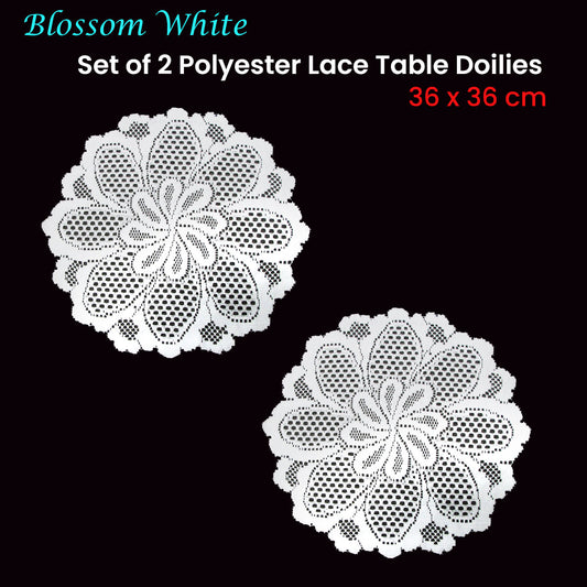 Blossom White Set of 2 Polyester Lace Table Doilies 36 cm Diameter V442-IDC-MISC-SETOF2BLOSSOMDOILIES-WHITE-RD