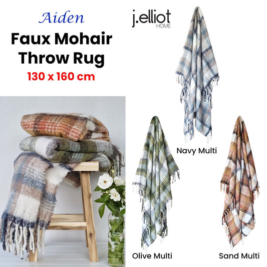 J Elliot Home Aiden Olive Multi Faux Mohair Throw Rug with Fringe 130 x 160cm V442-IDC-THROW-AIDEN-OLIVE-RE