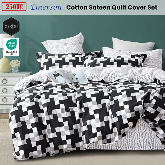 Ardor 250TC Emerson Geometric Cotton Sateen Quilt Cover Set King V442-INT-QUILTCS-250TCEMERSON-BLACK-KI