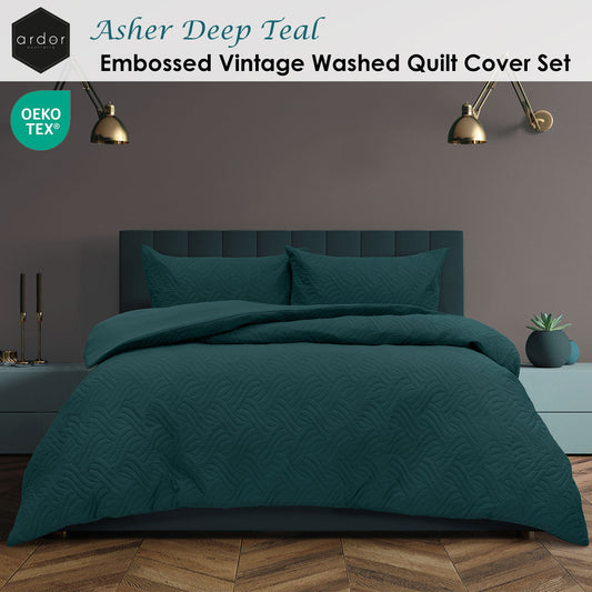 Ardor Asher Deep Teal Embossed Vintage Washed Quilt Cover Set Queen V442-INT-QUILTCS-ASHER-DEEPTEAL-QS