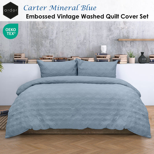 Ardor Carter Mineral Blue Embossed Vintage Washed Geometric Quilt Cover Set Queen V442-INT-QUILTCS-CARTER-MINERALBLUE-QS