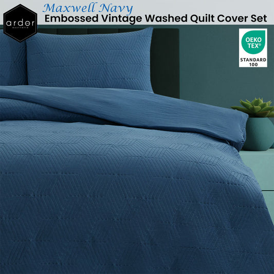 Ardor Maxwell Navy Embossed Vintage Washed Quilt Cover Set Queen V442-INT-QUILTCS-MAXWELL-NAVY-QS