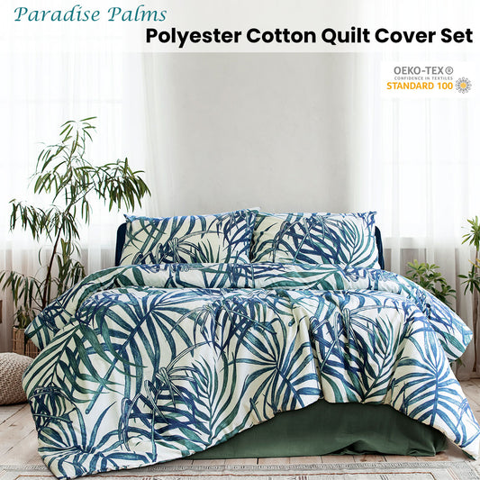 Ardor Palms Blue Polyester Cotton Quilt Cover Set Queen V442-INT-QUILTCS-PARADISEPALMS-BLUE-QS
