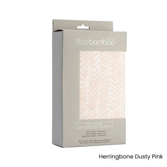 Little Bamboo Jersey Fitted Sheet Cot Size Herringbone Dusty Pink V442-JTC-FITTEDS-LITTLEBAMBOOHERRI-PINK-CT