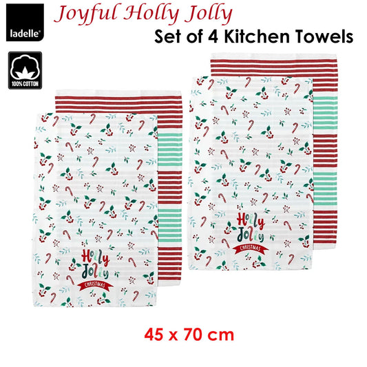Ladelle Joyful Holly Jolly Christmas Set of 4 Cotton Kitchen Towels 45 x 70 cm V442-LDE-TEAT-HOLLYJOLLYSETOF4-RED-RE