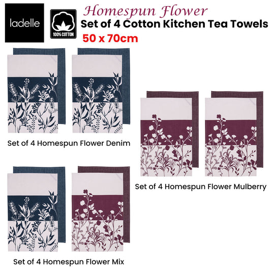 Ladelle Set of 4 Homespun Flower Cotton Kitchen Tea Towels 50 x 70 cm Mix V442-LDE-TEAT-HOMESPUNFLOWERSETOF4-MIX-RE