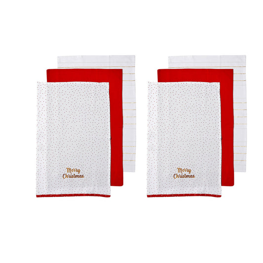 Ladelle Joyful Merry Christmas Set of 6 Cotton Kitchen Towels Red V442-LDE-TEAT-MERRYCHRISTMASSETOF6-RED-RE