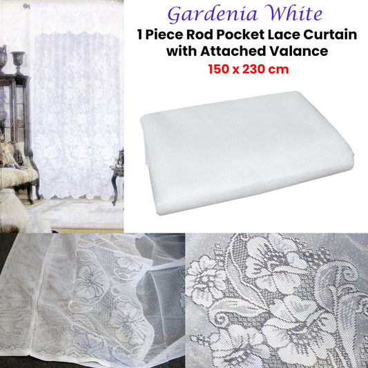 Gardenia White One Piece Rod Pocket Lace Curtain with Attached Valance V442-UGG-CURTAIN-GARDENIALACE-WHITE-RE