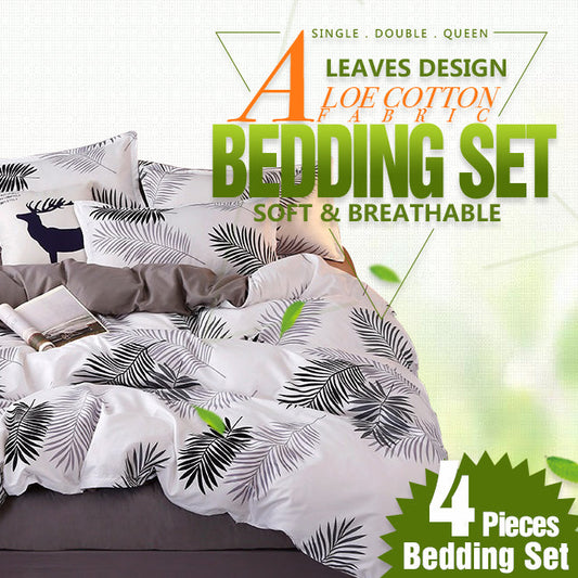 Palm Leaves Pattern Aloe Cotton Flat Sheet Quilt Cover Pillowcases 4pcs Bedding Set (King) V462-H-05-06