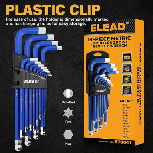 ELEAD Jumbo Hex Key Allen Wrench Set | 13-Piece Metric 2-19mm | Long Ball End Durable CR-V | Automotive | V465-70041-ELD