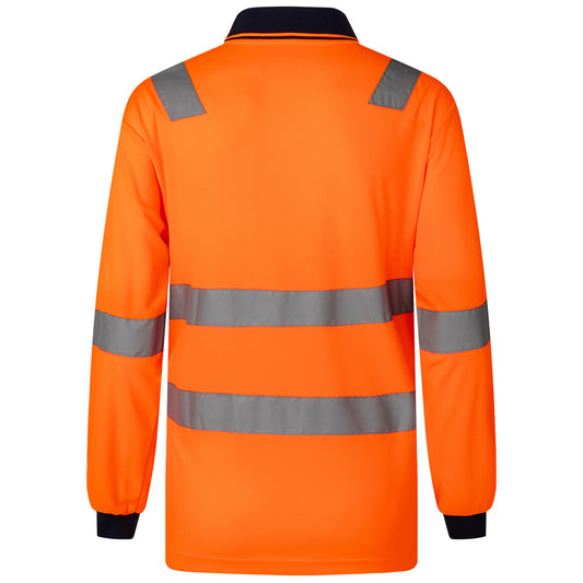 HI VIS Long Sleeve Workwear Shirt w Reflective Tape Cool Dry Safety Polo 2 Tone, Fluoro Orange / Navy, M V474-210985
