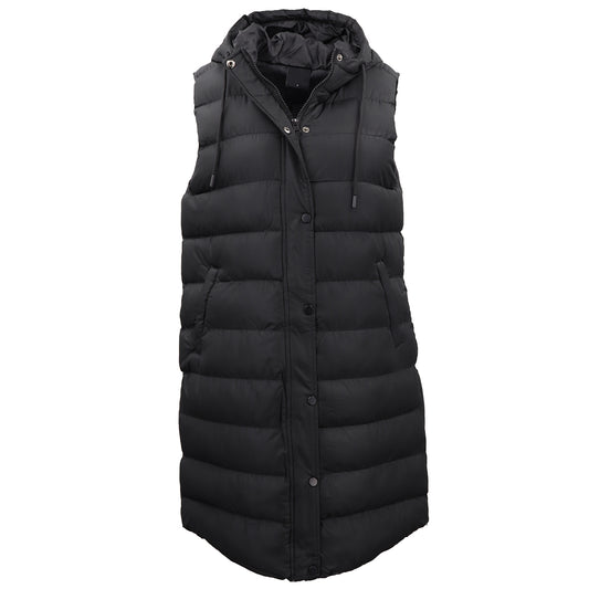 Women's Longline Padded Vest Hooded Jacket Puffer Puffy Quilted Zip Coat Gilet, Black, 8 V474-674153