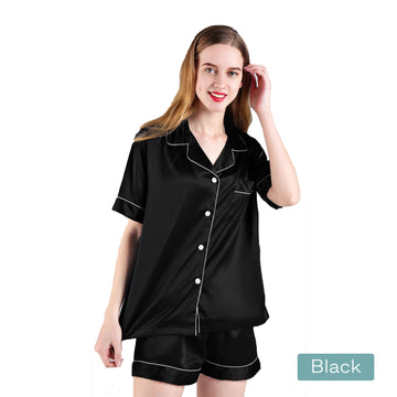 2pc satin short women pajamas set large black V517-PJSHORT-L-BK