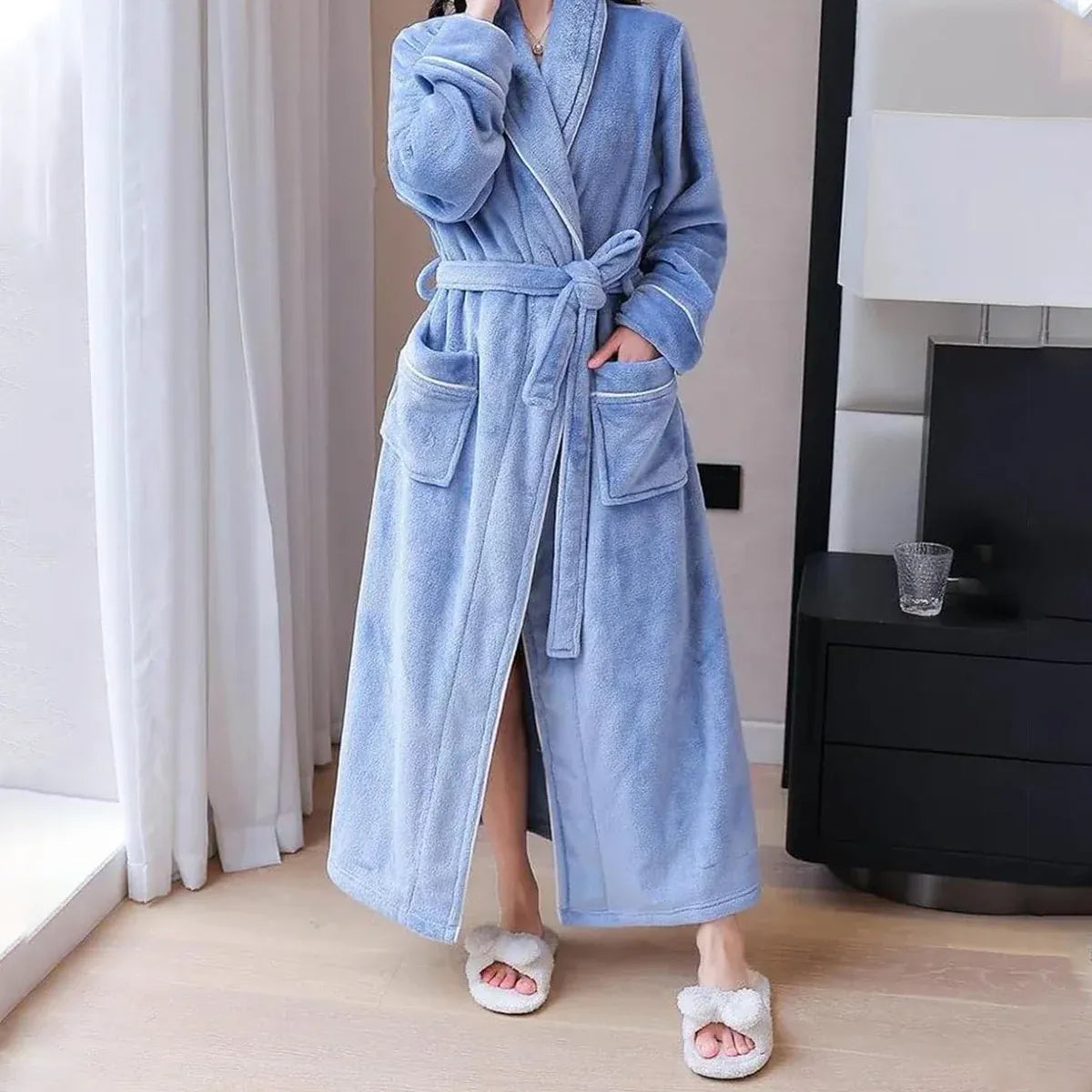Flannel Bathrobe Set Autumn Winter Coral Fleece Nightgown for Men and Women Warm - Grey V528-BATHROBE-GREY-XL-472184