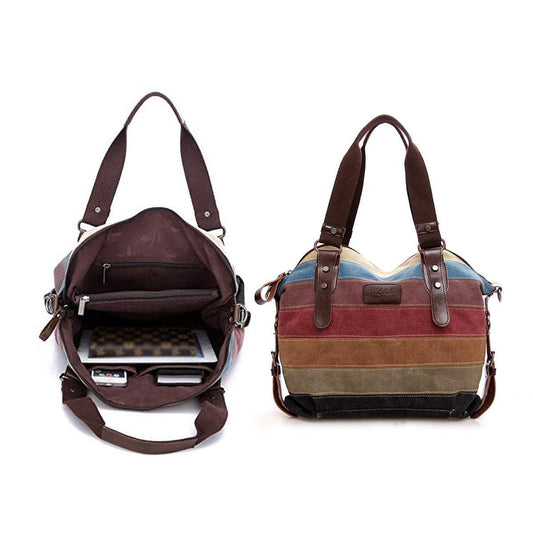 Rainbow Stripe Canvas Bag Patchwork Tote Bag Fashion Handbag Women Shoulder Bag V528-CANVAS-BAG-305884