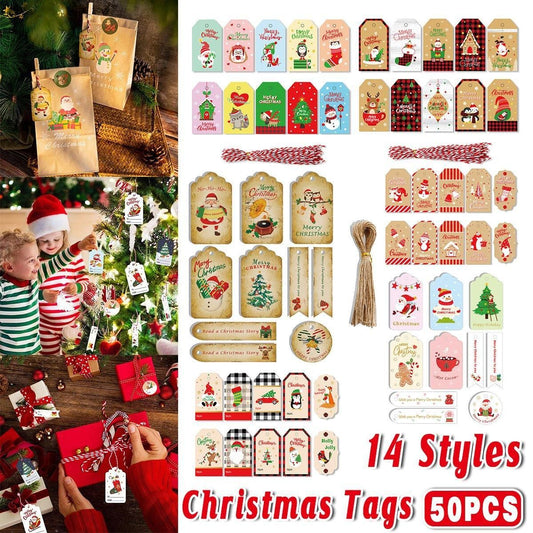 50PCS Christmas Kraft Paper Gift Tags Vintage Holiday Party Card Packaging Decor - 5 V528-CHRISTMAS-TAG-50PCS-5-697356