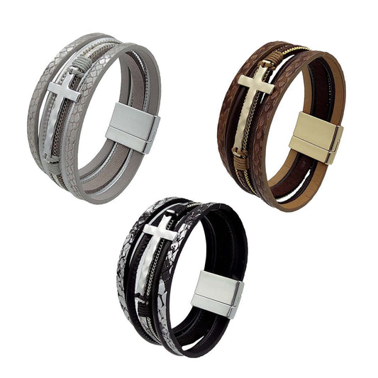 Men Cross Bracelet Multi-Layer Leather Wristband Stainless Steel Stylish Gift - Silver V528-XY00742-SILVER-694079