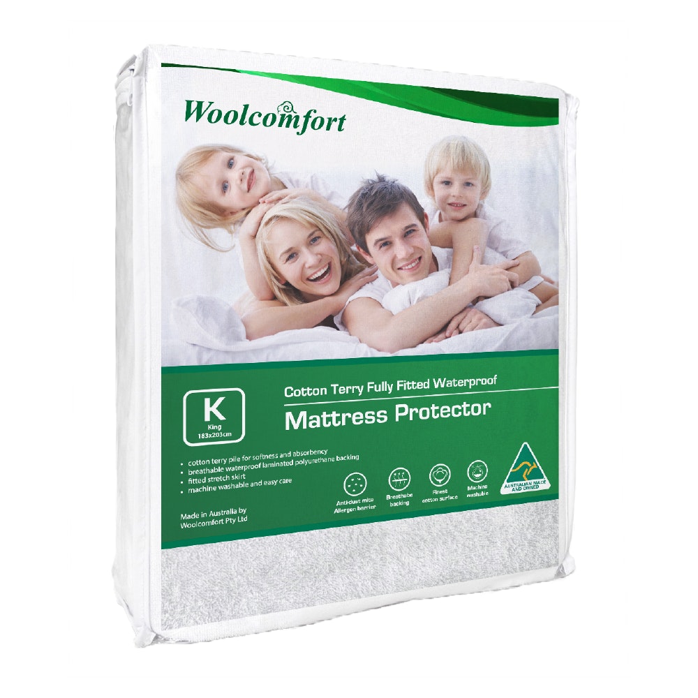 Woolcomfort Cotton Terry Fully Fitted Waterproof Mattress Protector King Size V535-LUX-WATERPROOF-MP-165-K