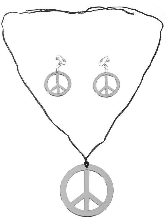 HIPPIE Necklace & Earring Set Peace Signs Party Costume Halloween 60s 70s - Silver V563-16140-SILVER
