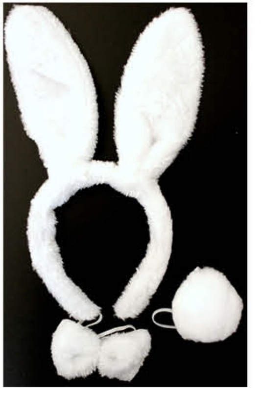 WHITE RABBIT EARS HEADBAND w Bow Tail Animal Costume Halloween Party Hair Accessory V563-17201-WHITERABBIT