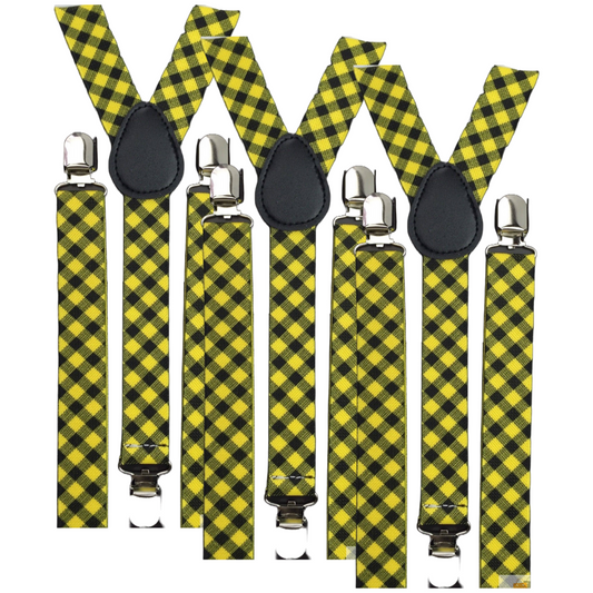 3x Mens Slim Suspenders Braces Adjustable Clip On - Black/Yellow Check V563-3SLIMSUSPENDERS-BLKYLWCHK