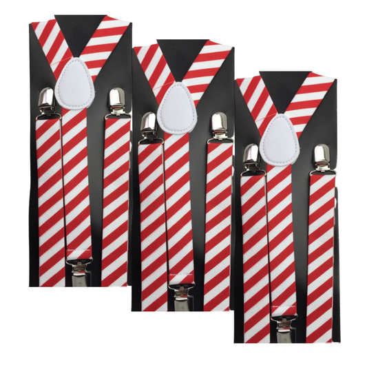 3x Mens Suspenders Braces Adjustable Strong Clip On Elastic Formal Wedding Slim - Red/White Diagonal Stripes V563-3SLIMSUSPENDREDWHTDIAGSTR