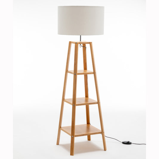 Eiffel 3 Tier Natural Wood Floor Lamp w/ Storage Shelves + Off White Linen Shade V563-75173