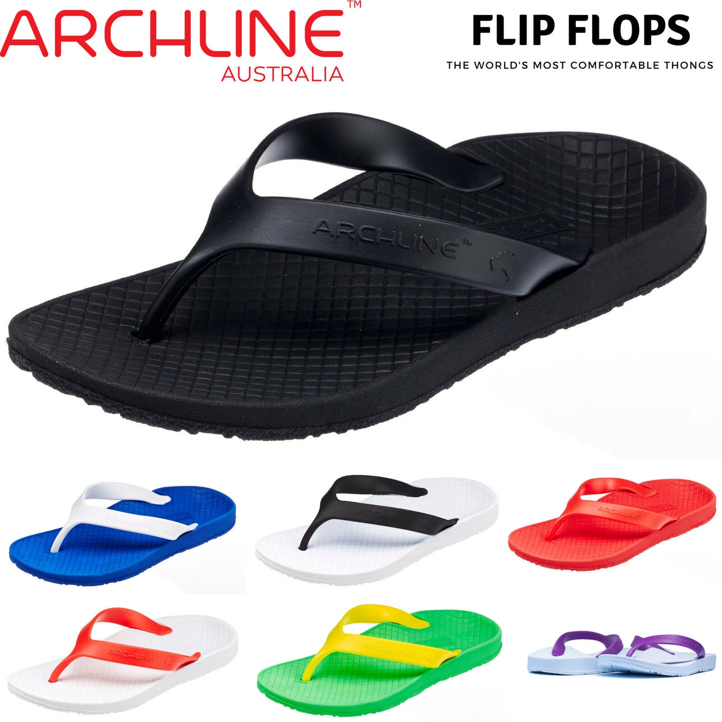 ARCHLINE Orthotic Thongs Arch Support Shoes Footwear Flip Flops Orthopedic - Black/Black - EUR 47 V563-ARCHLINE-THNGS-BLK-BLK-47