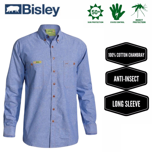 BISLEY Insect Protection Repellent Long Sleeve Casual Shirt Fishing Camping - Blue - S V563-BISLEY-ISCTSHIRT-BLU-S