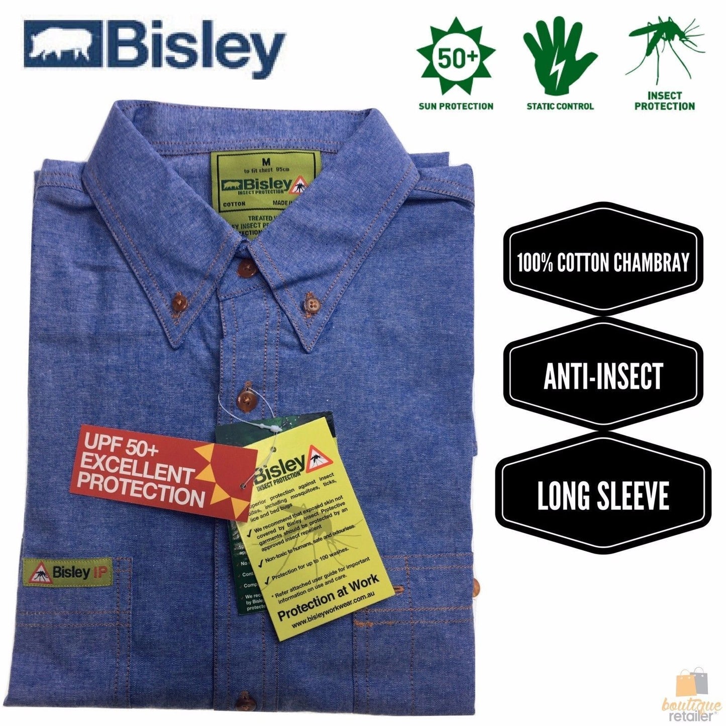 BISLEY Insect Protection Repellent Long Sleeve Casual Shirt Fishing Camping - Blue - S V563-BISLEY-ISCTSHIRT-BLU-S