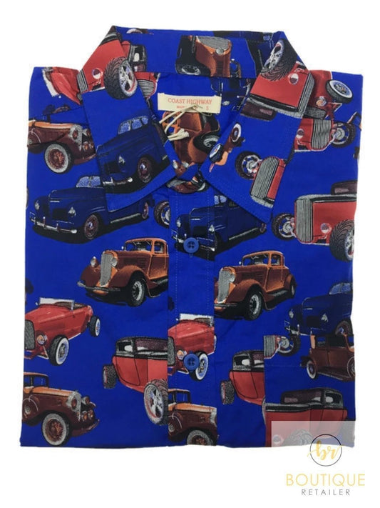 Mens Oahu Hawaiian Party Shirt Button Hippie Tops Short Sleeve Beach Holiday - Vintage Car (1425) - M V563-BR-HWNSHT-VNTGC1425-M