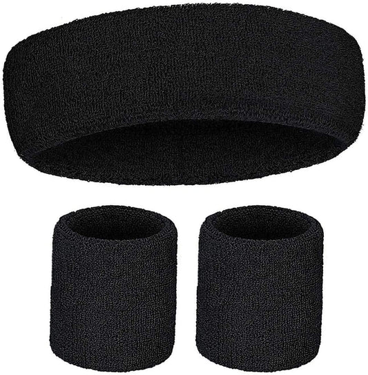 WRISTBAND & HEADBAND SET Tennis Terry Towelling Cotton Sweat Band Team Gym - Black V563-BR-WRISTXHBSET-BLK