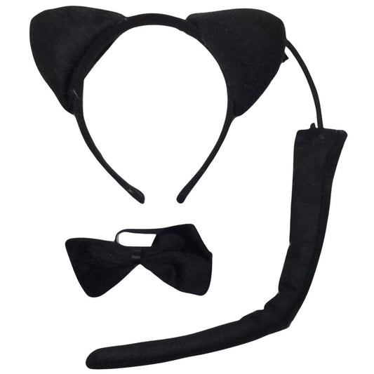 BLACK CAT EARS HEADBAND w Bow Tail Animal Costume Halloween Party Hair Accessory V563-FF-2569-7